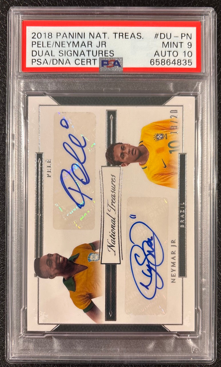 2018 Panini National Treasures Pelé & Neymar Dual Auto /20 PSA 9 Auto 10