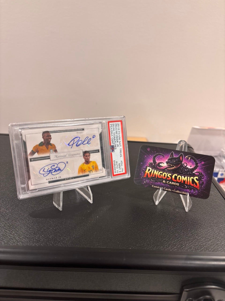 2018 Panini National Treasures Pelé & Neymar Dual Auto /20 PSA 9 Auto 10