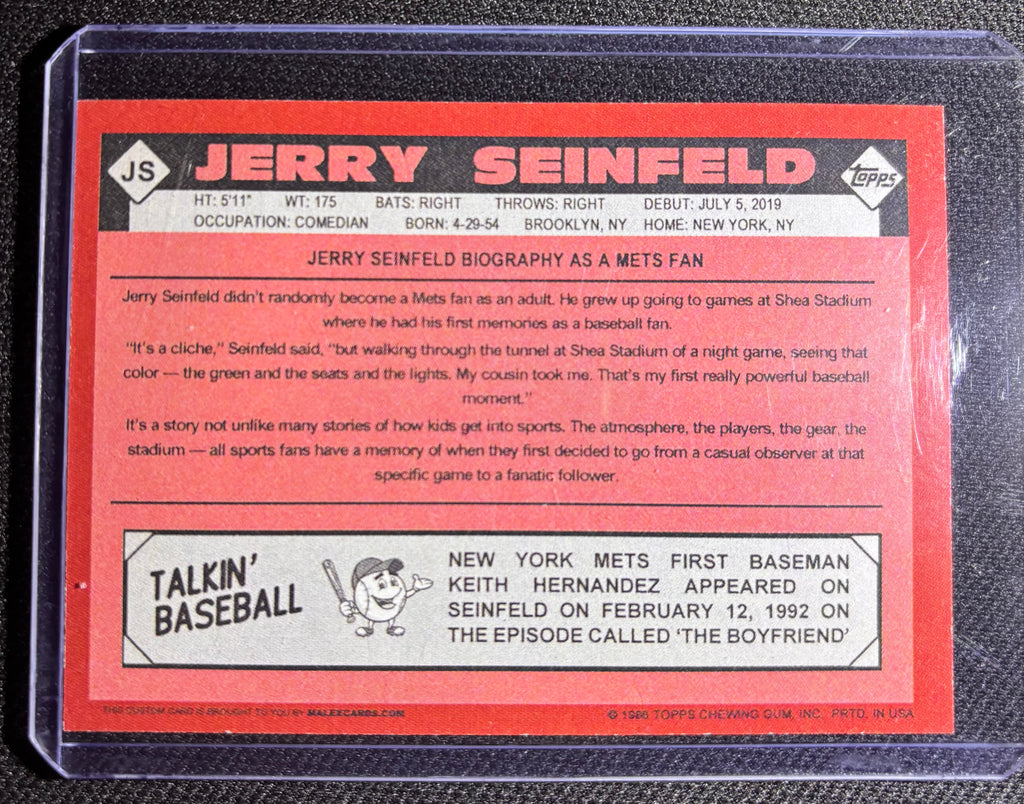 Custom Jerry Seinfeld New York Mets 1986 Topps Style Parody Trading Card