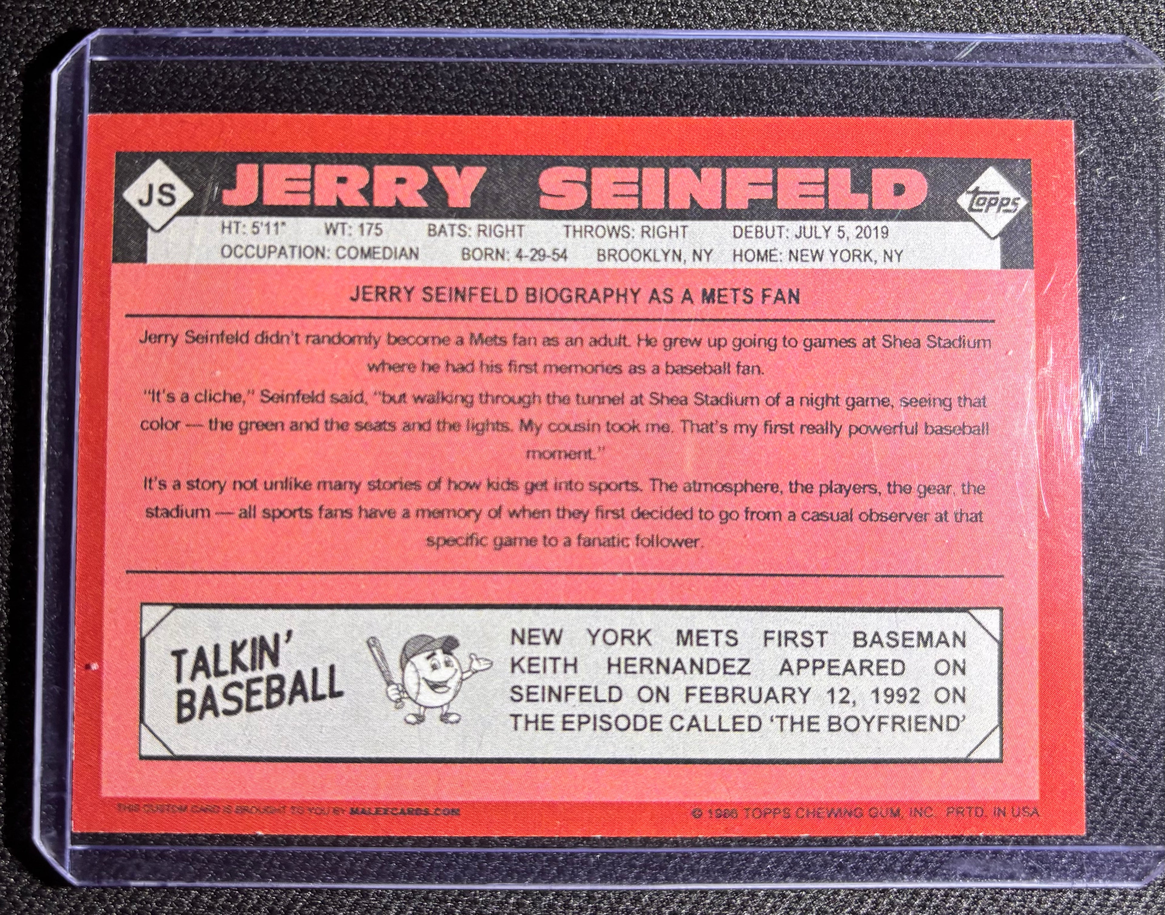 Custom Jerry Seinfeld New York Mets 1986 Topps Style Parody Trading Card